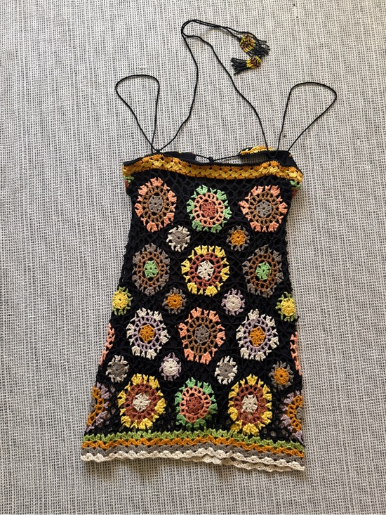 Free People Dresses & Skirts - Free People Black Crochet Mini Dress with Multicolor Floral Motifs